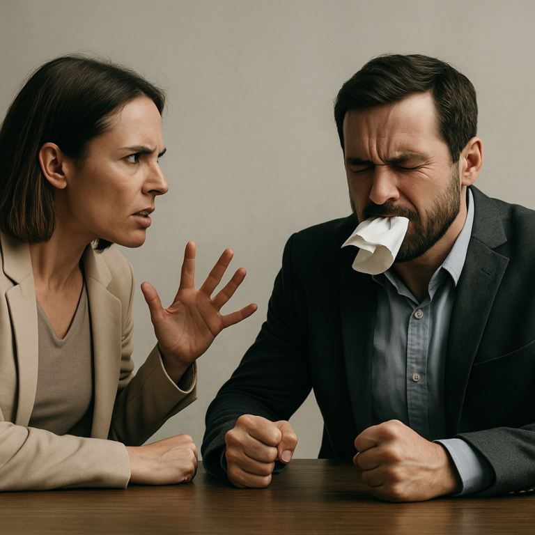 Frau diskutiert energisch mit Mann, der wütend eine Serviette im Mund hält, Ausdruck für unterdrückte Konflikte im Team