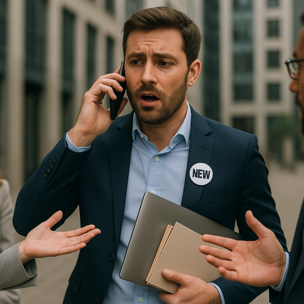 Junge männliche Führungskraft im blauen Blazer mit „NEW“-Anstecker, gestresst beim Telefonieren, hält Laptop und Unterlagen, wird gleichzeitig von mehreren Personen angesprochen.
