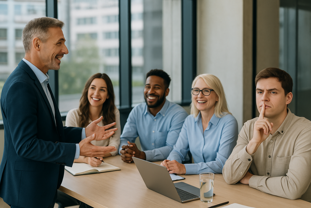 Teammeeting in modernem Büro mit lächelndem Chef und engagierten Mitarbeitenden – eine Person im Vordergrund zeigt mit verschränkten Armen und Finger auf dem Mund stillen Rückzug.