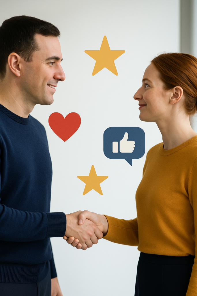 Mann und Frau beim Händeschütteln mit Symbolen für Wertschätzung.