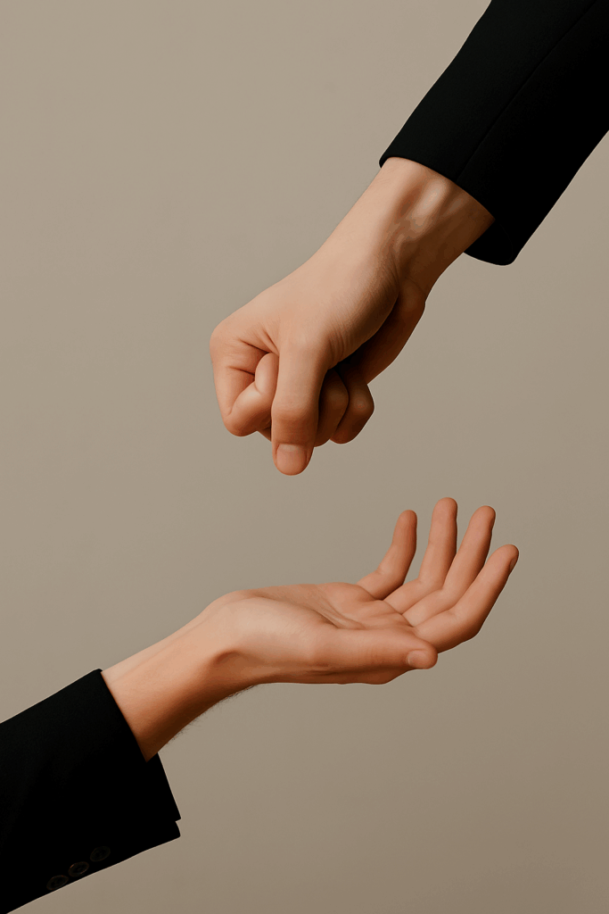 Zwei Hände symbolisieren Führung durch Loslassen vor neutralem Hintergrund