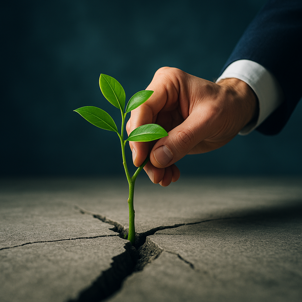 Hand im Business-Anzug berührt zart einen grünen Pflanzentrieb, der kraftvoll durch einen Riss im Beton wächst