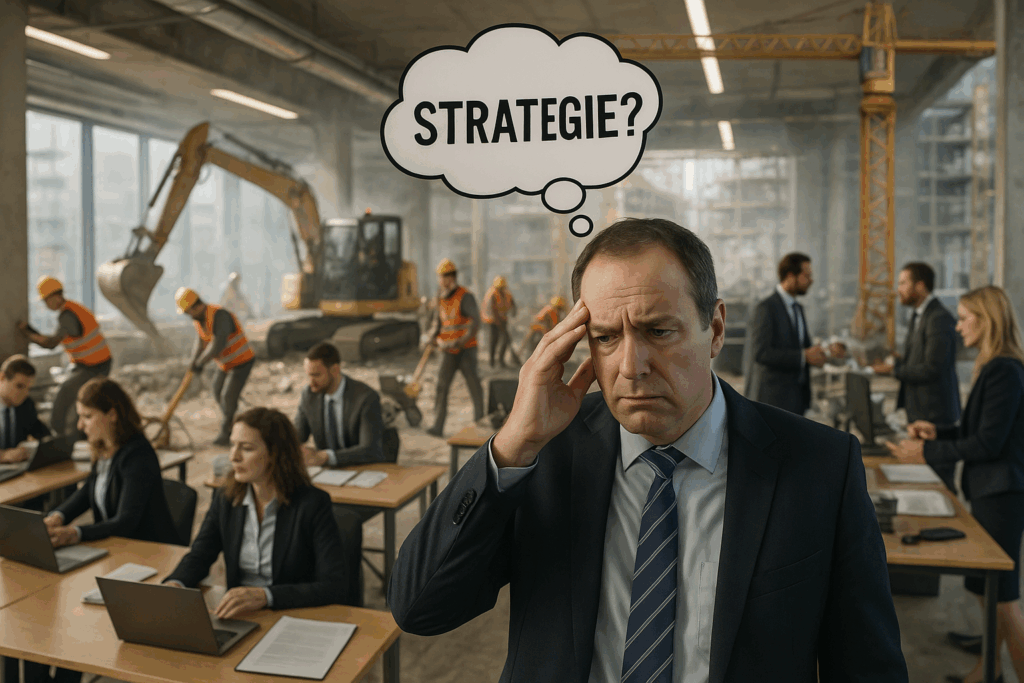 Büro mit Baustelle: Manager im Anzug steht gestresst vor Baustellen-Chaos, während Mitarbeitende an Schreibtischen arbeiten – Denkblase mit „Strategie?“