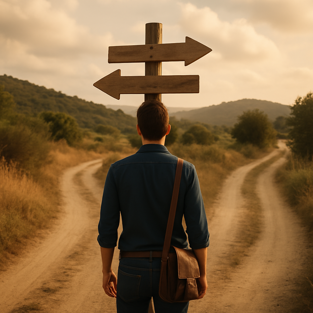 Mann steht an einer Weggabelung vor einem hölzernen Wegweiser mit zwei Pfeilen in entgegengesetzte Richtungen, symbolisch für Entscheidungen und Werteorientierung