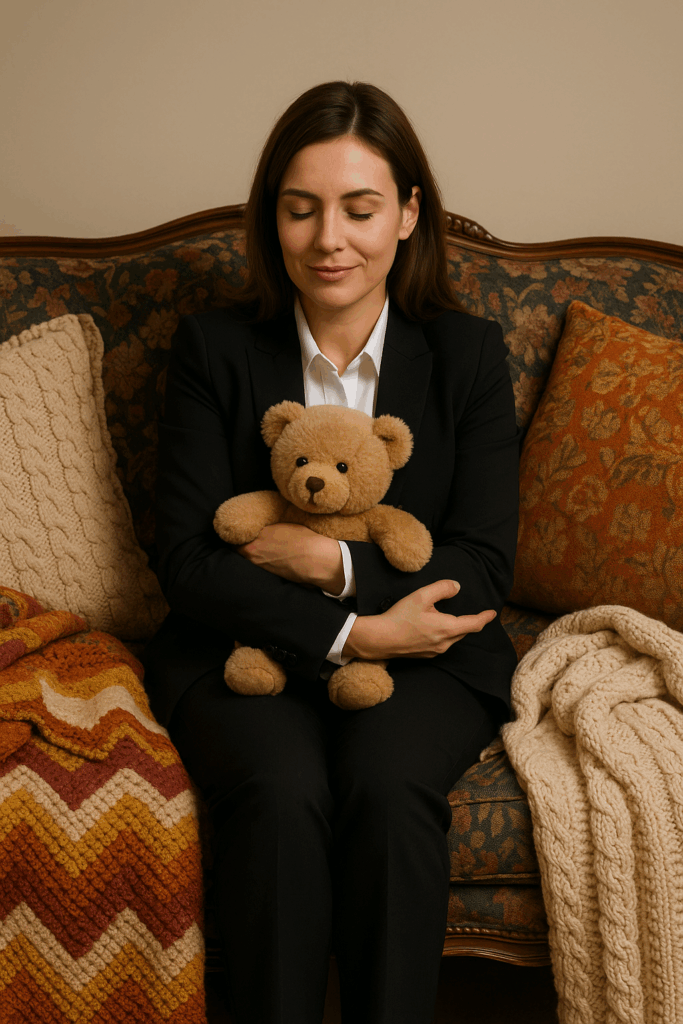 Führungskraft im Business-Outfit sitzt auf kitschigem Sofa und kuschelt mit einem Teddybär