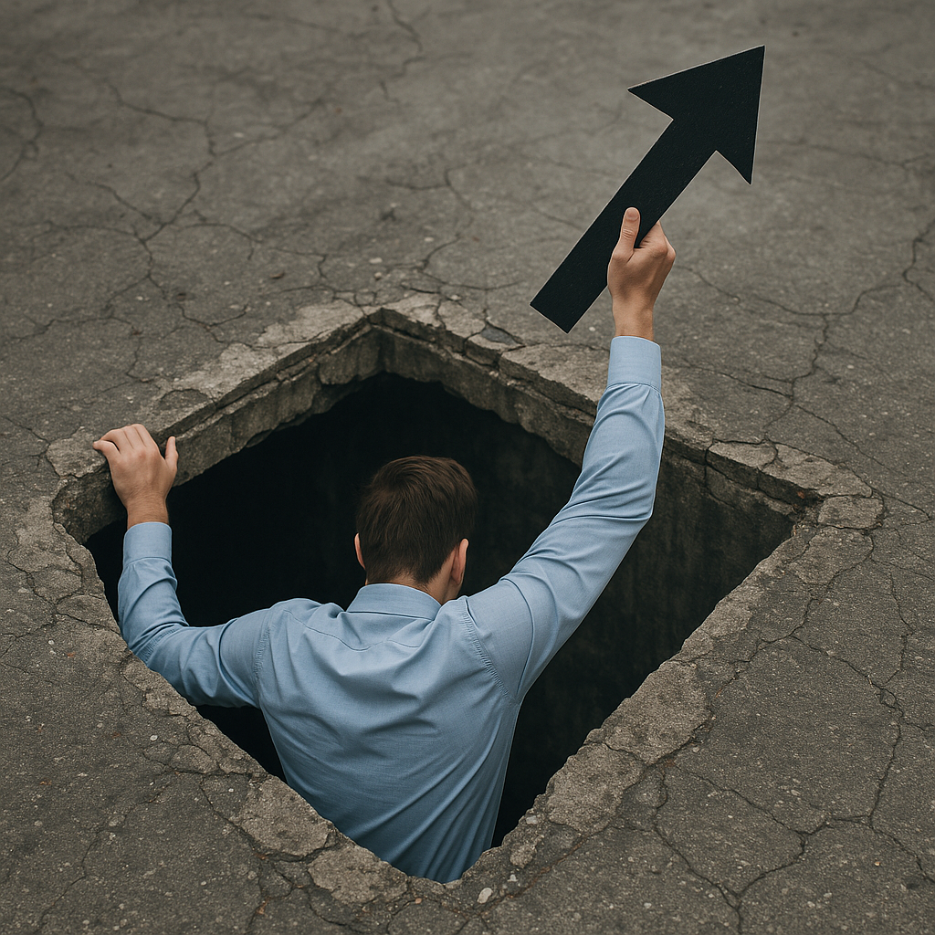 Ein Mann im blauen Hemd klettert aus einem dunklen Betonloch im Asphalt und hält entschlossen einen schwarzen Richtungspfeil nach oben – Symbol für das Erkennen und Nutzen von Transformationsfallen.