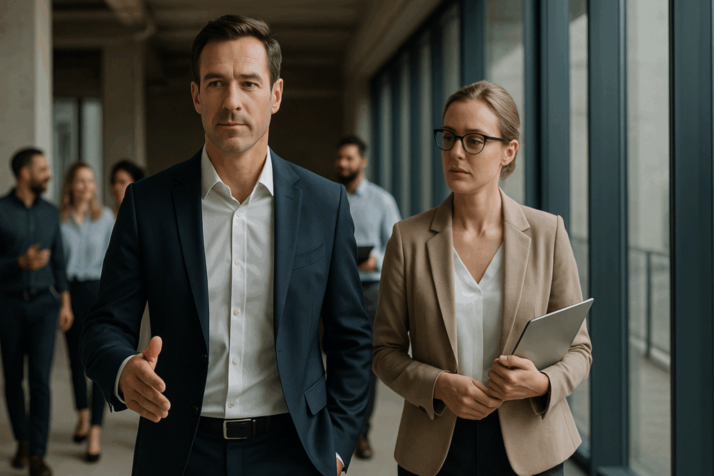 führen-heißt-auch-folgen-wie-geteilte-verantwortung-gelingt – Zwei Business-Personen im Gespräch beim Gehen durch ein modernes Bürogebäude, im Hintergrund ein Team in Austausch