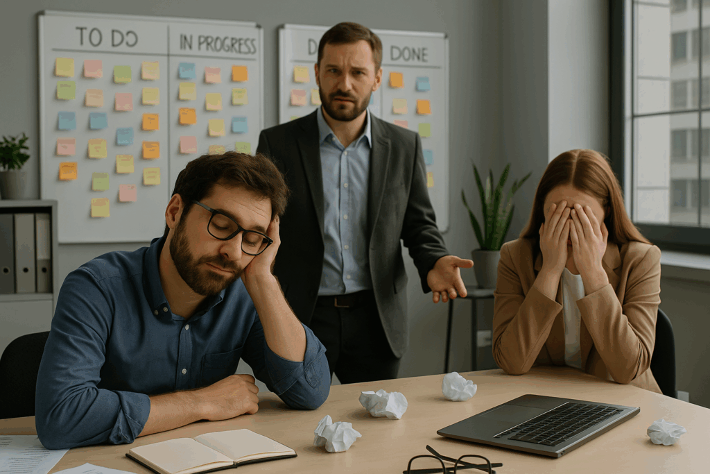 Gescheiterte agile Transformation in Meetingraum mit frustrierten Mitarbeitenden vor Kanban-Board