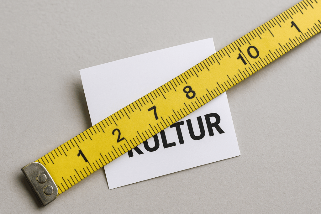 Kultur messen mit Maßband – gelber Messstreifen liegt über Karte mit dem Wort "Kultur"