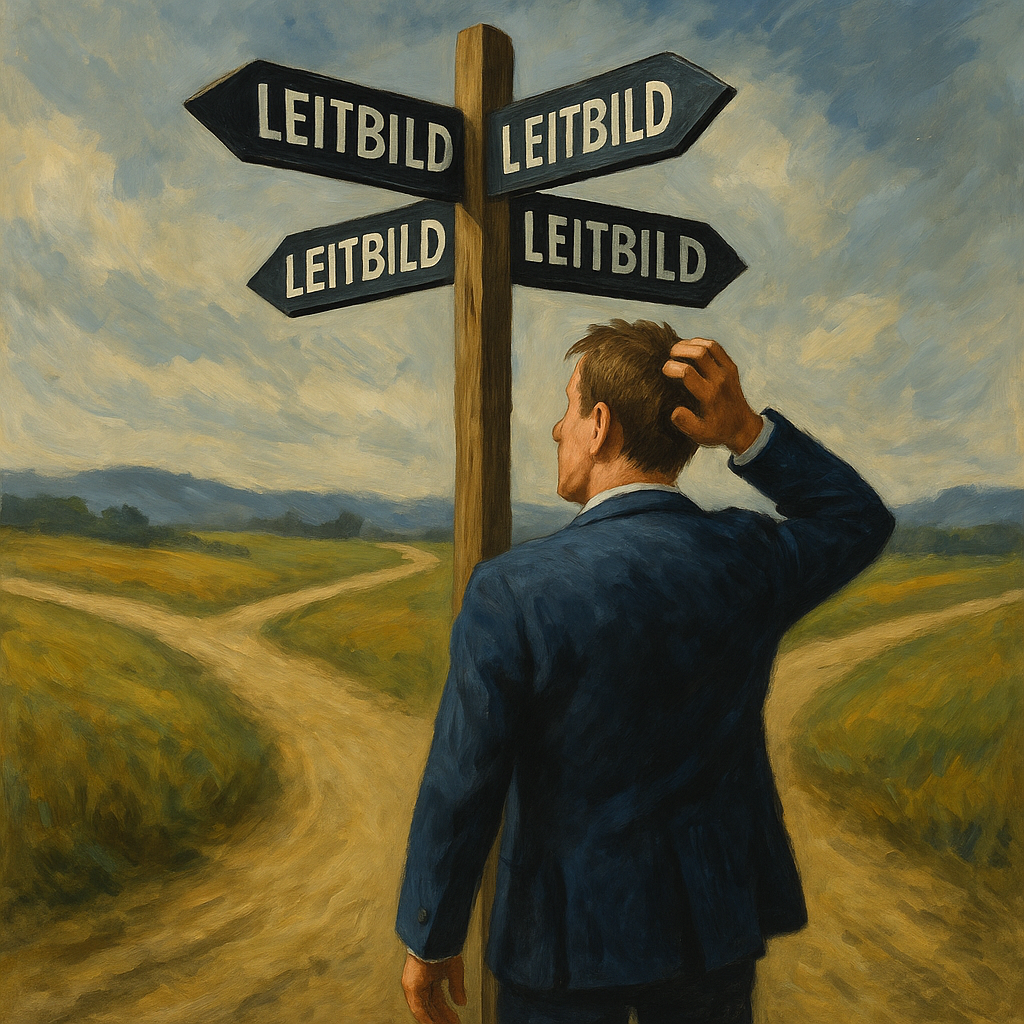 Verwirrte Führungskraft steht an einem Wegweiser mit mehreren Pfeilen, auf denen jeweils „Leitbild“ steht, vor verzweigten Wegen in einer ländlichen Landschaft
