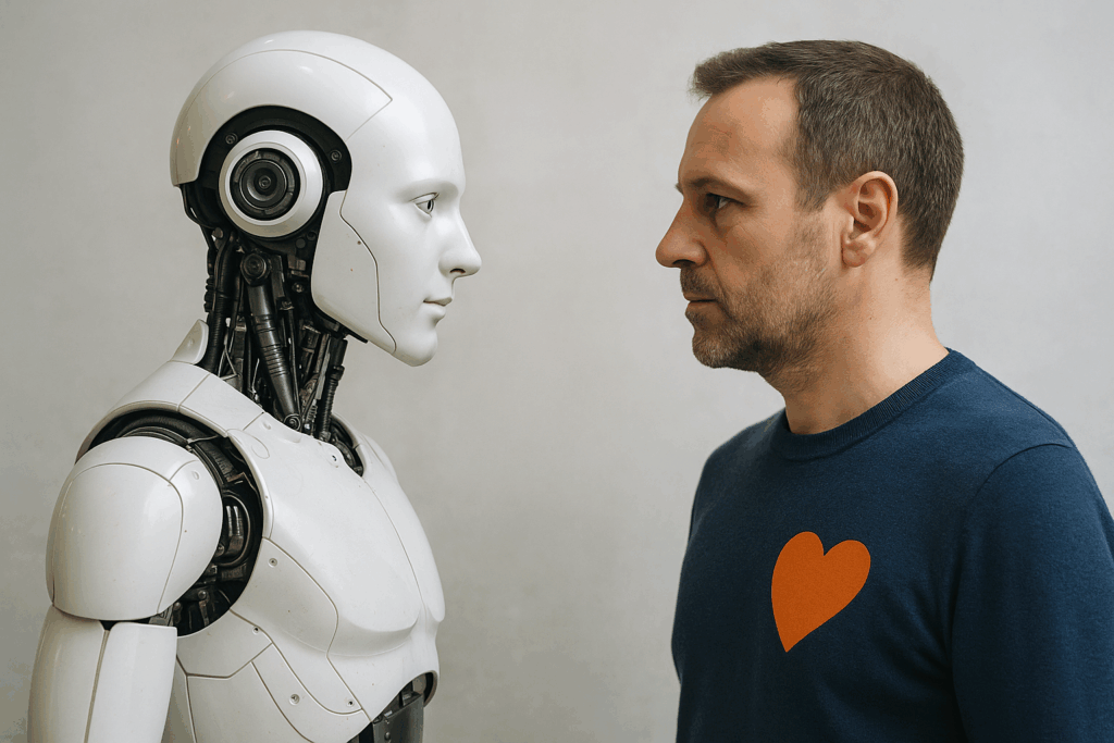 Mensch steht einem humanoiden Roboter gegenüber – Sinnbild für Künstliche Intelligenz und Haltung im digitalen Zeitalter