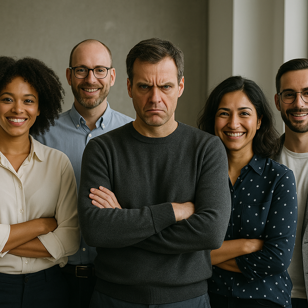 Diverses Team im Büro, vier freundlich lächelnde Personen und ein genervter Mann in der Mitte mit verschränkten Armen