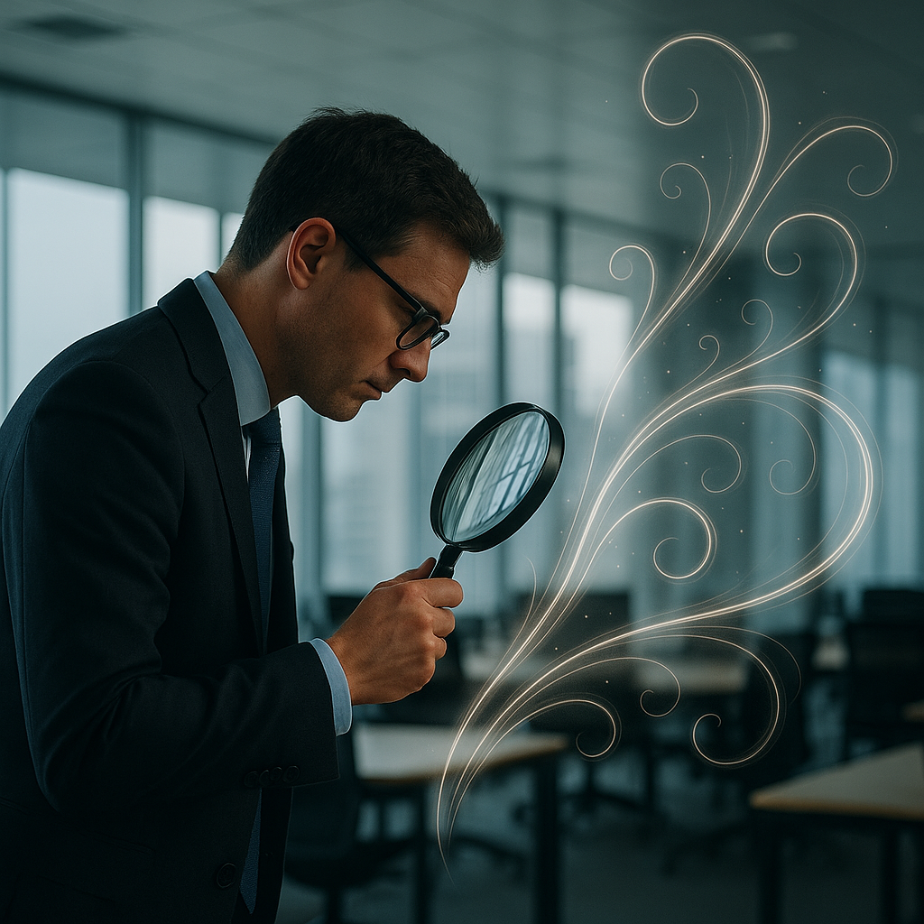 Mann im Business-Outfit betrachtet leuchtende, wirbelnde Linien mit einer Lupe in einem modernen Büro – symbolisch für das Bewusstsein unsichtbarer Kräfte in der Teamkultur.
