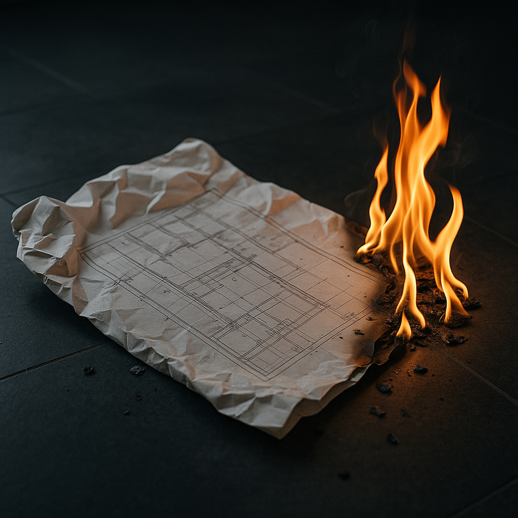 Ein zerknitterter Bauplan liegt auf dem Boden und fängt an einer Ecke Feuer, Flammen steigen auf