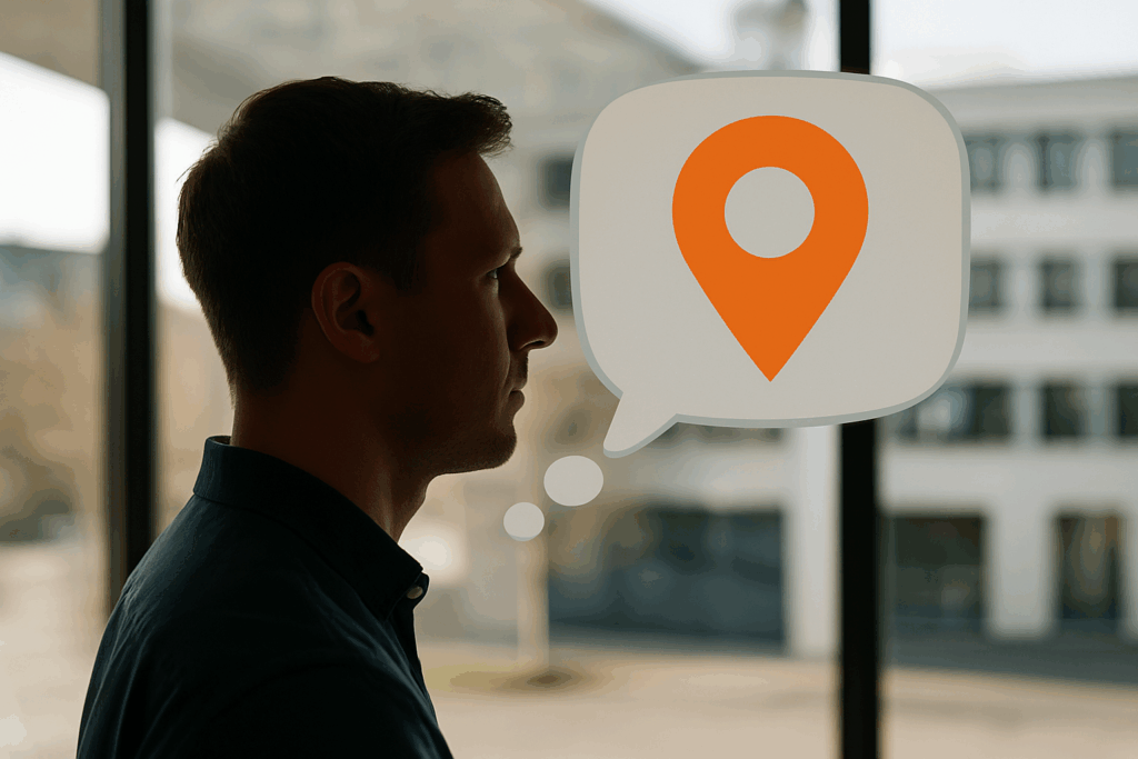 Mann mit Blick nach vorne denkt über Unternehmenspositionierung nach, symbolisiert durch Standortmarke im Gedankenfeld