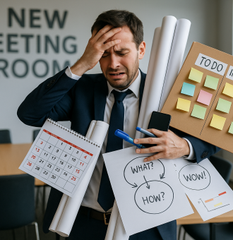 Gestresster Mann im Business-Look überfordert mit agilen Tools in modernem Meetingraum
